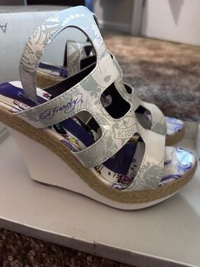 Ed Hardy White and Purple Women's Espadrille Wedge Sandals